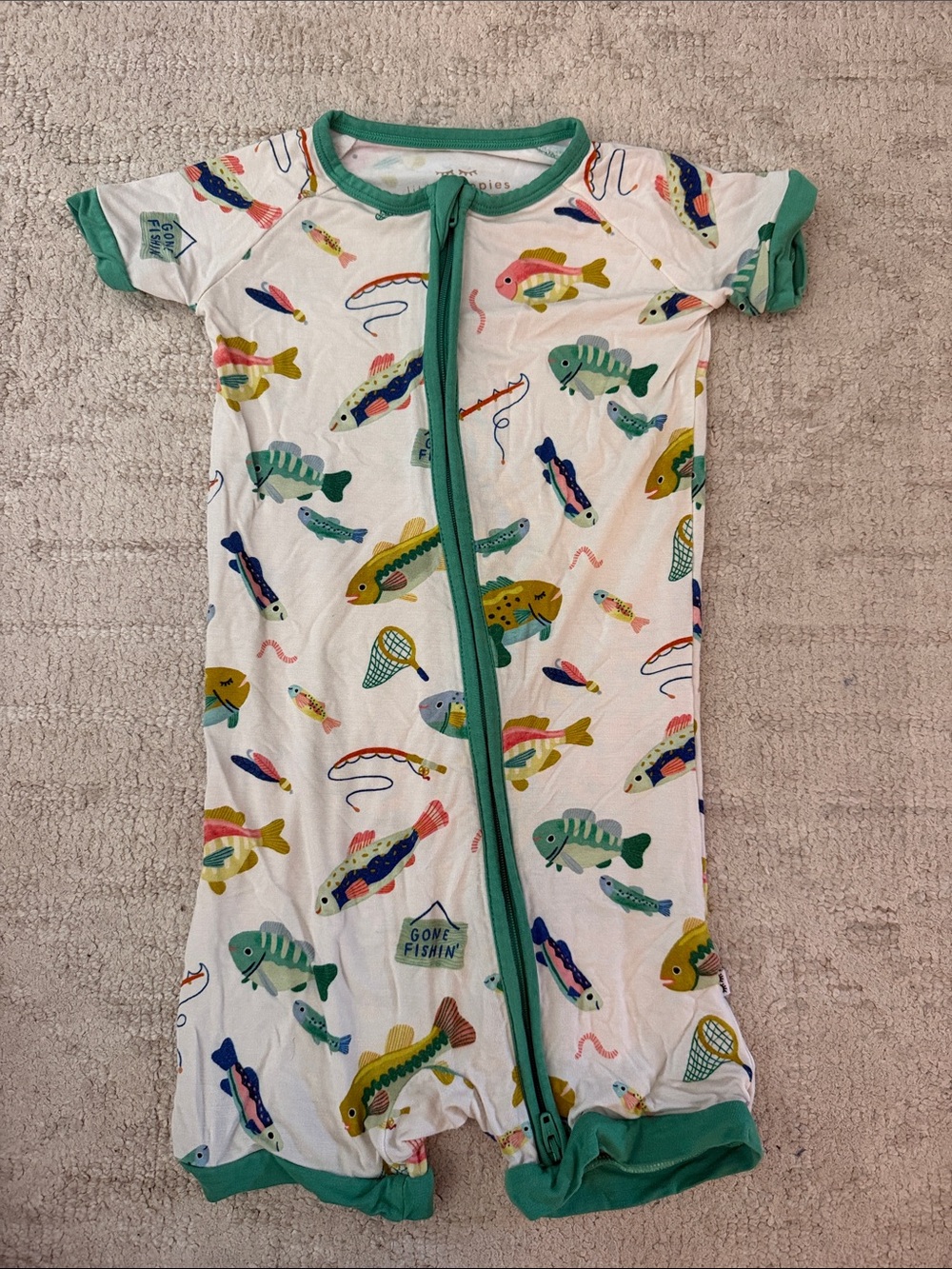 Little Sleepies Fish Print Short Sleeve Pajama Romper - White/Green